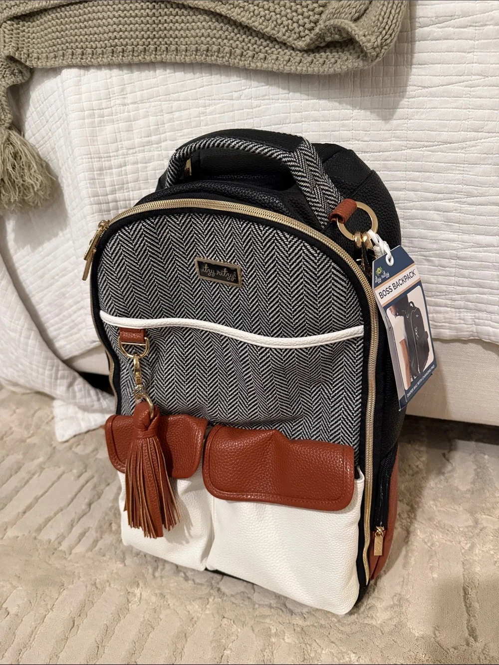 Stylish Multi-Compartment Baby Backpack Diaper Bag - Black, White & Brown